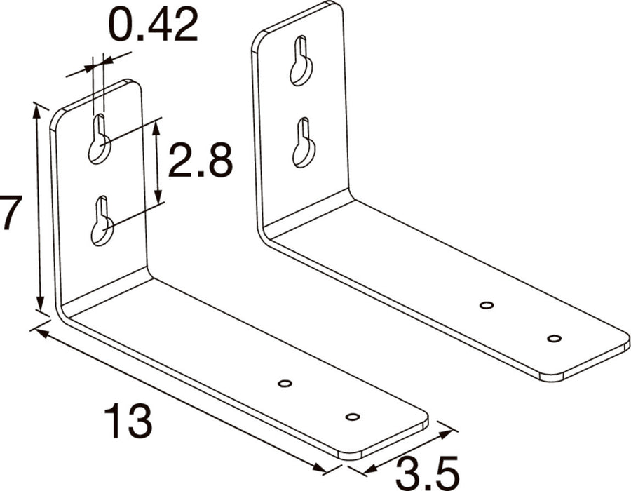 Dimensional drawing of two steel L-brackets with keyhole mounting slots.