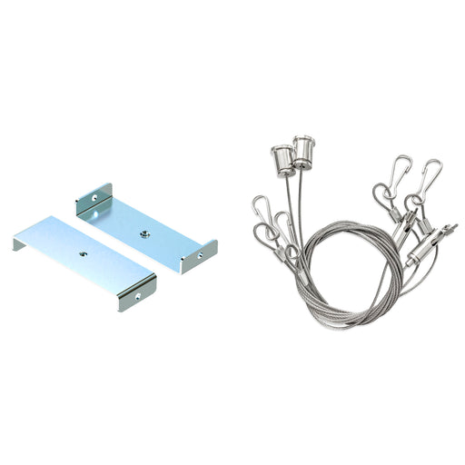 Silver metal mounting brackets and steel cable suspension kit.