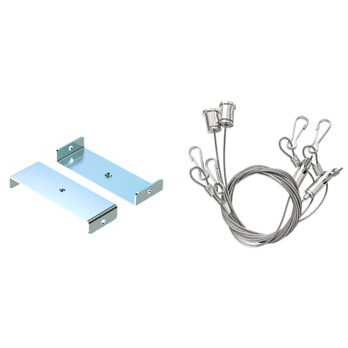 Silver metal mounting brackets and steel cable suspension kit.