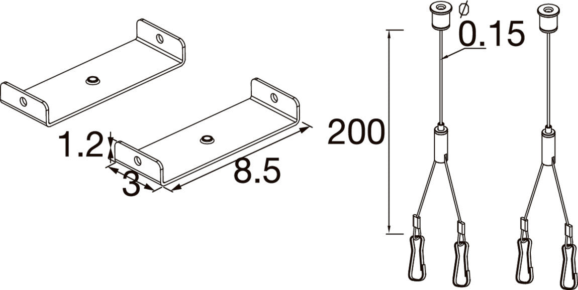 Technical drawing of metal ceiling mount bracket and cable suspension system with dimensions.