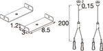 Technical drawing of metal ceiling mount bracket and cable suspension system with dimensions.