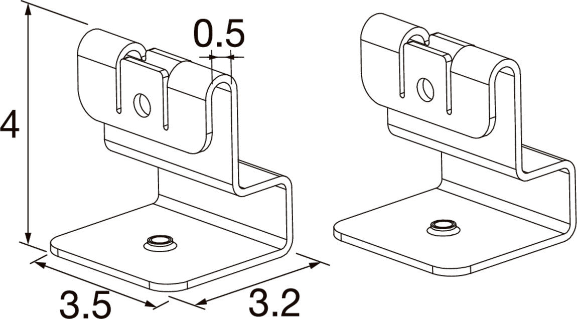Dimensional drawing of a metal bracket with mounting hole.
