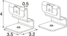Dimensional drawing of a metal bracket with mounting hole.
