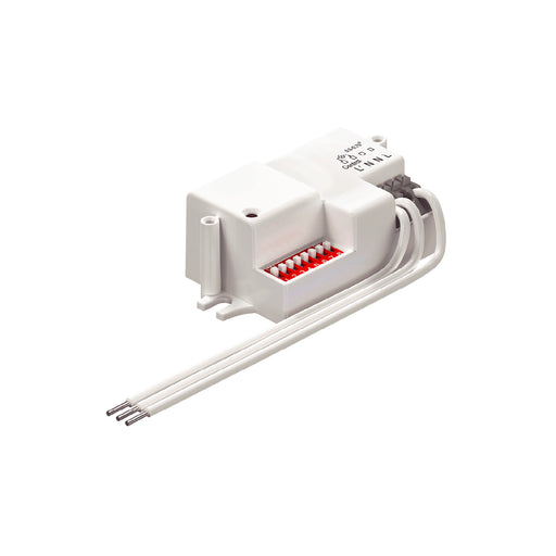 White plastic electrical connector with red and white terminals and three attached wires for easy mounting.