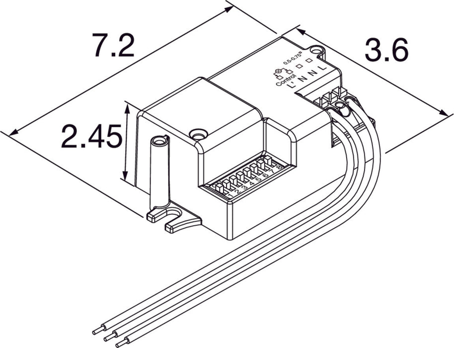Electrical connector made of plastic, featuring a gray finish, dimensions 7.2" x 3.6" x 2.45", with three attached wires for mounting.
