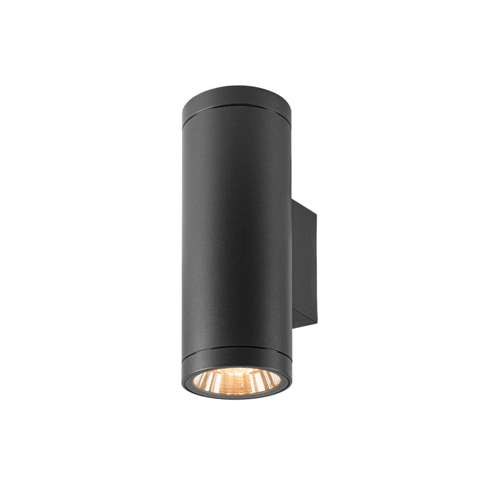Black aluminum wall-mounted cylinder light fixture with a matte finish.