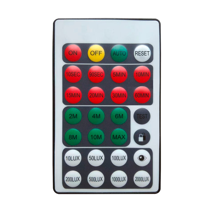 White plastic remote control with multi-colored buttons for timer, distance, and light level settings.