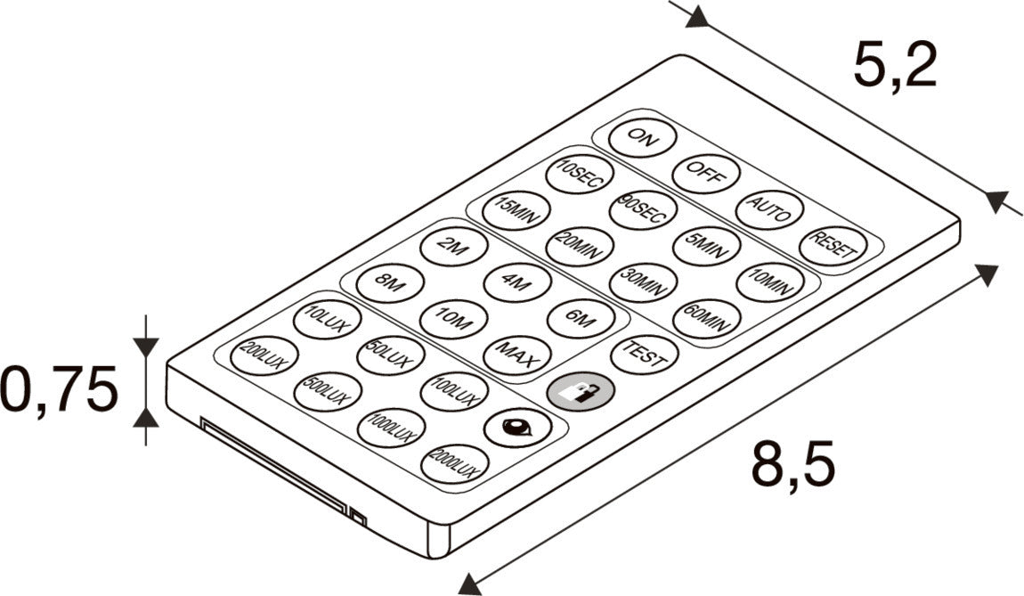 White plastic remote control with dimensions labeled.