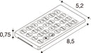 White plastic remote control with dimensions labeled.