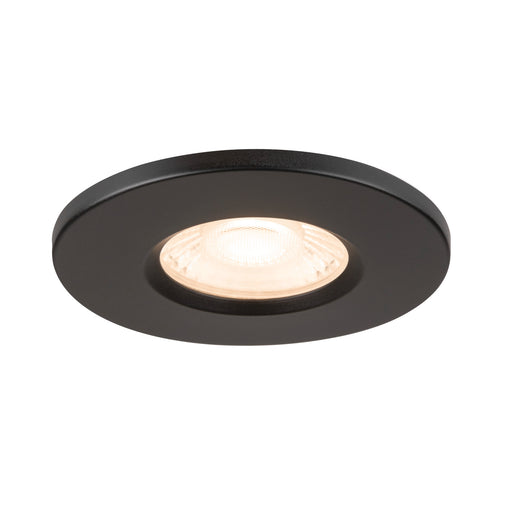 Black metal recessed ceiling light with a round design and warm white LED bulb.