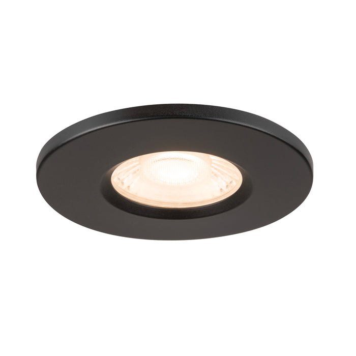 Black metal recessed ceiling light with a round design and warm white LED bulb.