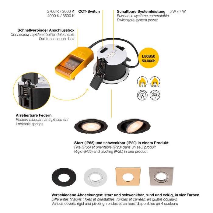 LED downlight fixture made of aluminum with a matte finish, available in black and gold, featuring adjustable mounting options and IP65/IP20 ratings.