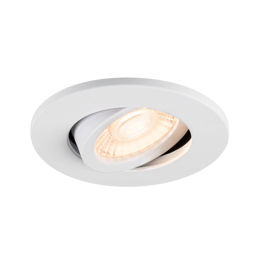 Recessed spotlight in white metal finish with adjustable angle, featuring a warm LED bulb for focused illumination.