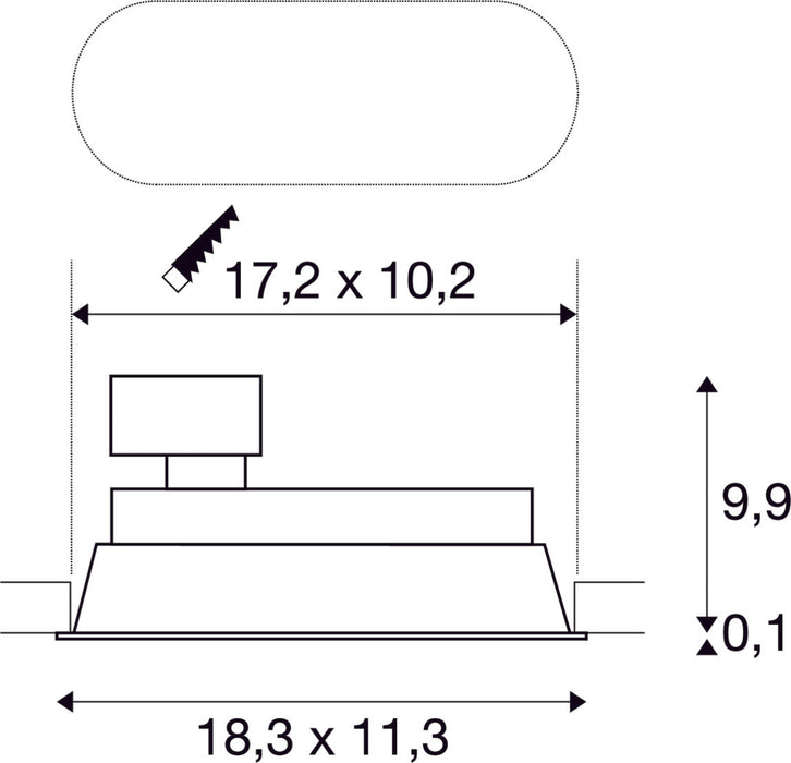 Dimensioned drawing of SLV Aluminium HORN 2, recessed fitting, double-headed, QPAR51, oval, matt black, max. 100W, tiltable, incl. clip springs