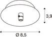 Technical drawing of a white ceiling-mounted light fixture with dimensions.