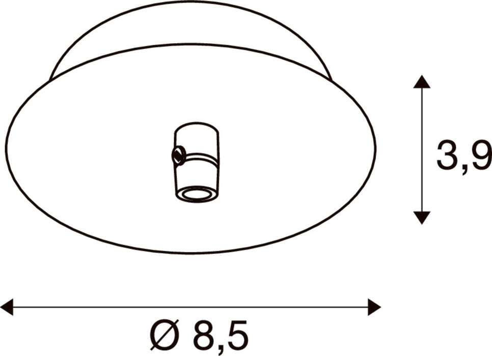 Technical drawing of a white ceiling-mounted light fixture with dimensions.
