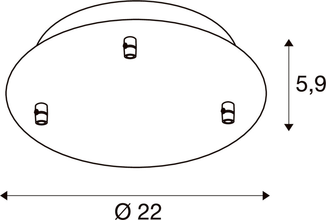 Technical drawing of a white ceiling-mounted light fixture with dimensions.
