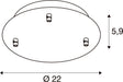 Technical drawing of a white ceiling-mounted light fixture with dimensions.