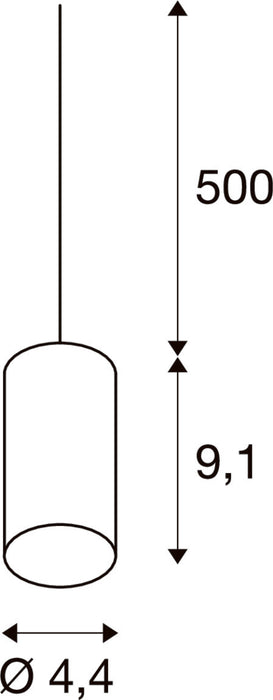Technical drawing of a pendant light fixture showing dimensions.