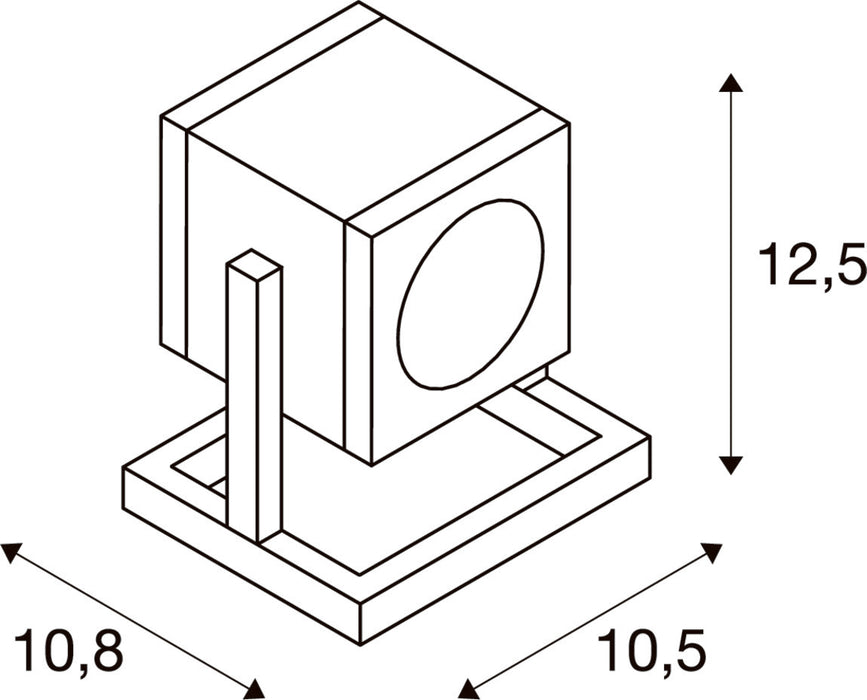 Line drawing of a cube-shaped spotlight with dimensions, mounted on a square base.