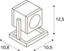 Line drawing of a cube-shaped spotlight with dimensions, mounted on a square base.