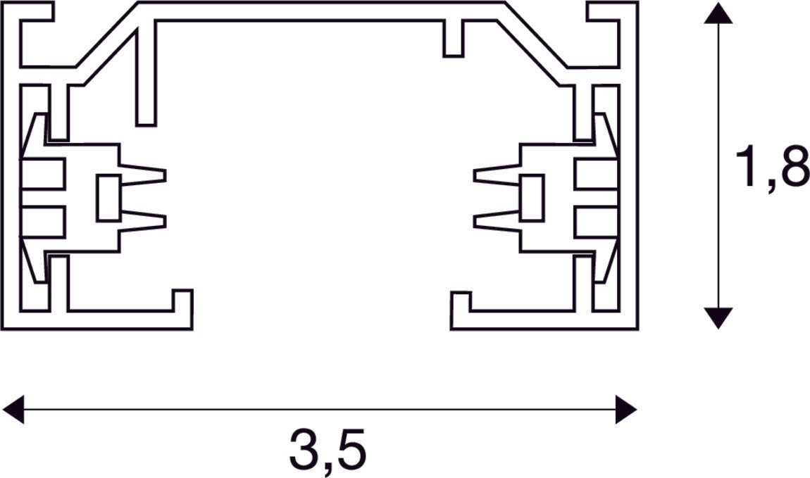 Technical drawing of a white metal profile with dimensions 3.5 x 1.8.