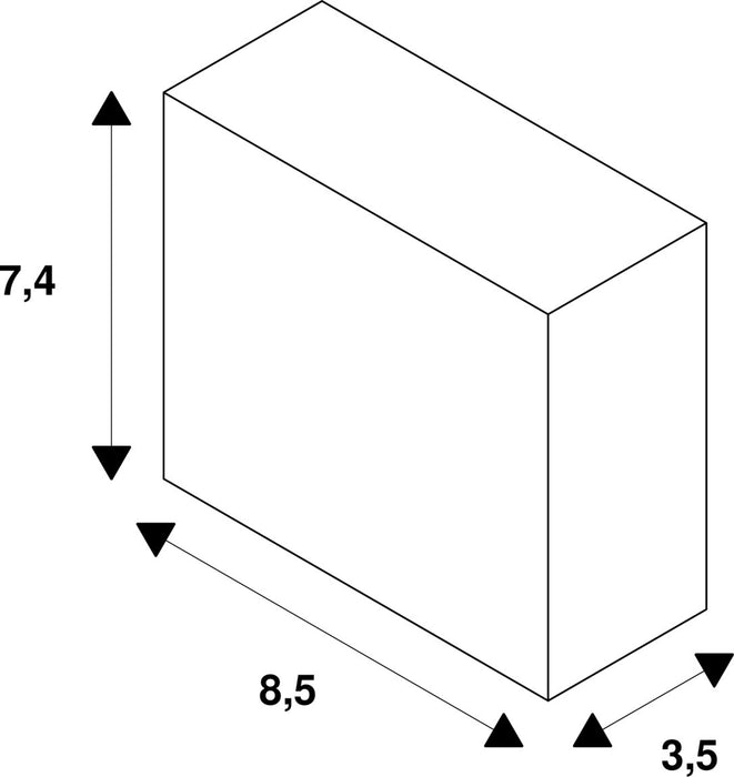 Dimensional drawing of a rectangular prism, 8.5 x 3.5 x 7.4.