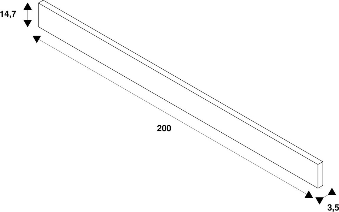 Technical drawing of a white rectangular bar with dimensions 200 x 14.7 x 3.5.