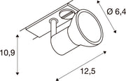 Dimensioned drawing of SLV Aluminium PURIA, spot for high voltage 1-circuit track, QPAR51, silver-grey, frosted plastic, max. 10W, incl. 1-phase adapter