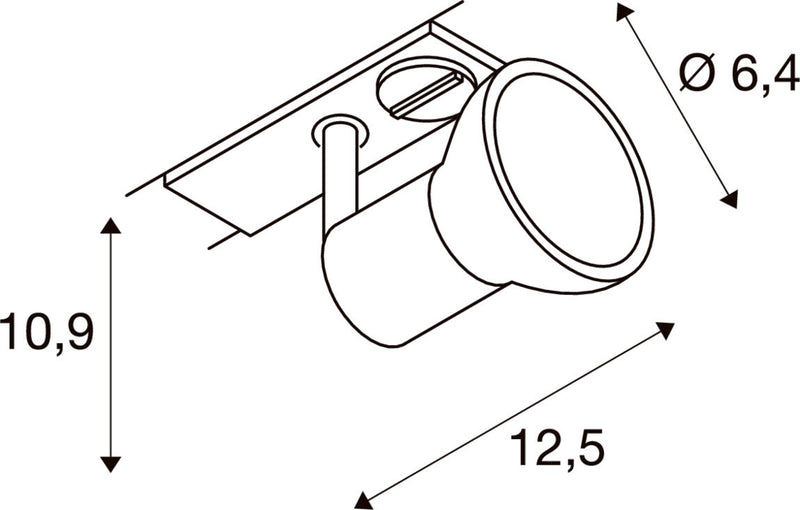 Dimensioned drawing of SLV Aluminium PURIA, spot for high voltage 1-circuit track, QPAR51, silver-grey, frosted plastic, max. 10W, incl. 1-phase adapter