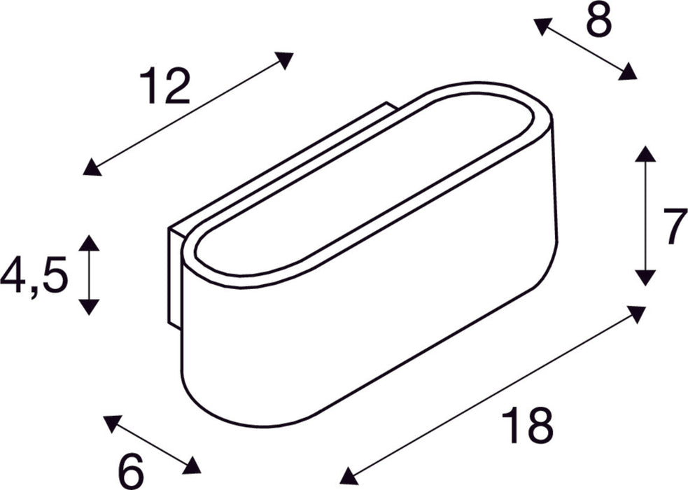 Dimensioned drawing of SLV OSSA 180 wall light, QT-DE12, oval, up/down, black, L/W/H 18/8/7 cm, max. 100W