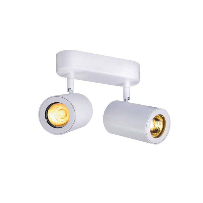 Modern white ceiling-mounted spotlight with two adjustable cylinder heads.