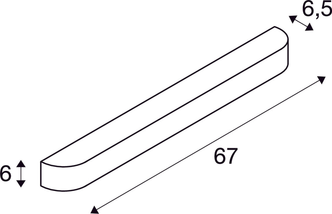 Dimensioned drawing of SLV ARLINA T5 24, wall light, T16, brushed aluminium, frosted glass, L/W/H 67/6.5/6 cm, max. 24W, incl. electronic ballast