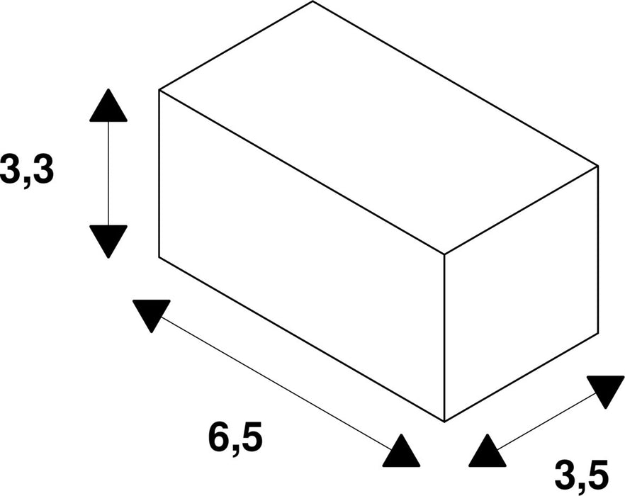 Dimensional drawing of a white rectangular prism with measurements 3.3, 6.5, and 3.5.