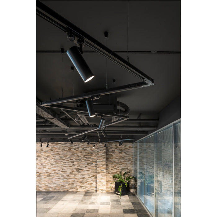 Modern office interior with black track lighting system and cylindrical spotlights.