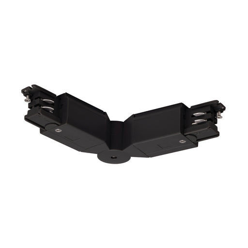 Black track lighting connector, 90-degree angle, surface mount.