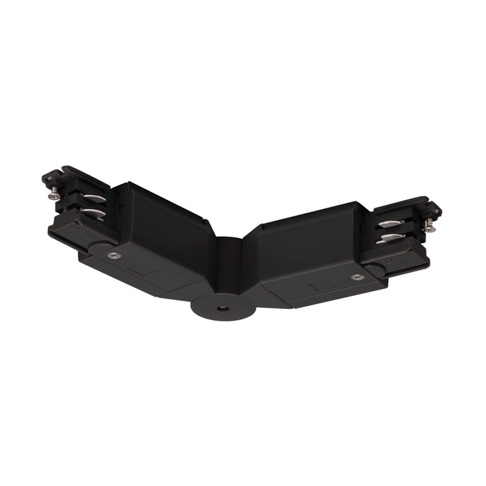 Black track lighting connector, 90-degree angle, surface mount.