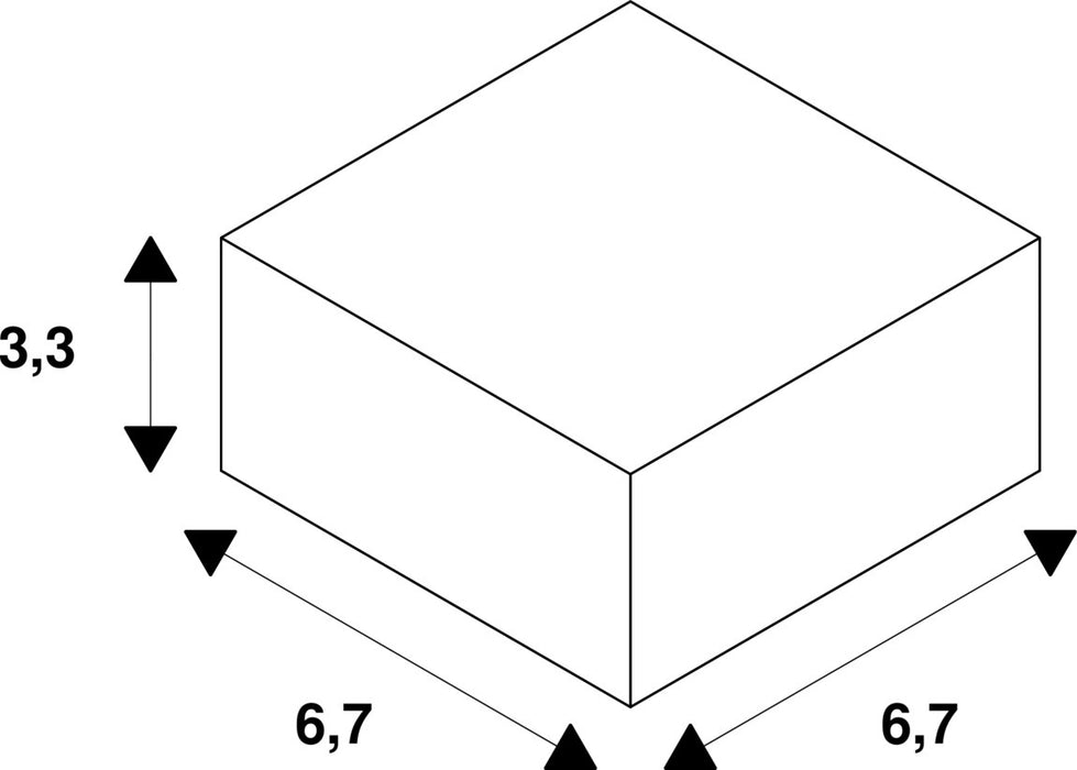 White rectangular block diagram with dimensions 6.7 x 6.7 x 3.3.
