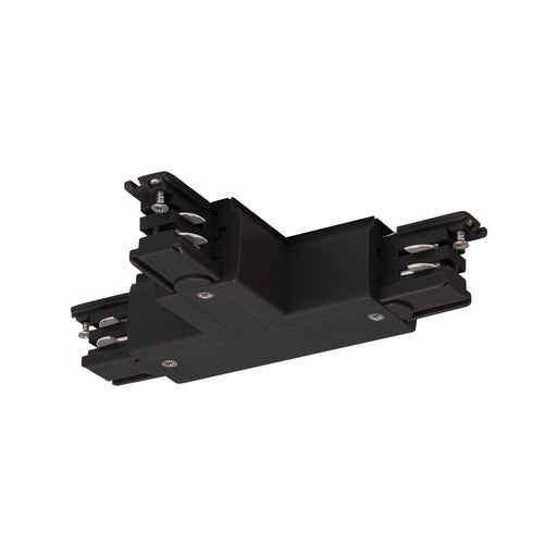 Black track lighting T connector, surface mounted.