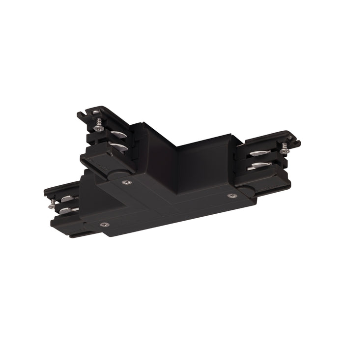 Black track lighting T connector, surface mounted.