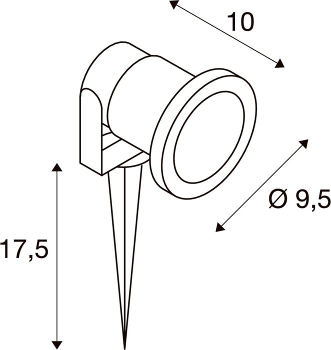 Diagram of a white stake light fixture with dimensions.