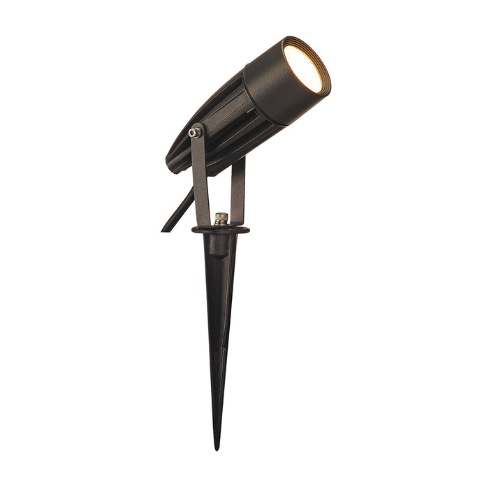 Black metal spotlight with stake mount.