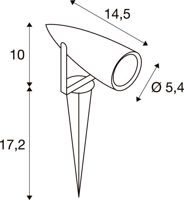 Line drawing of a spotlight with dimensions, showing stake mounting.