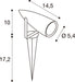Line drawing of a spotlight with dimensions, showing stake mounting.