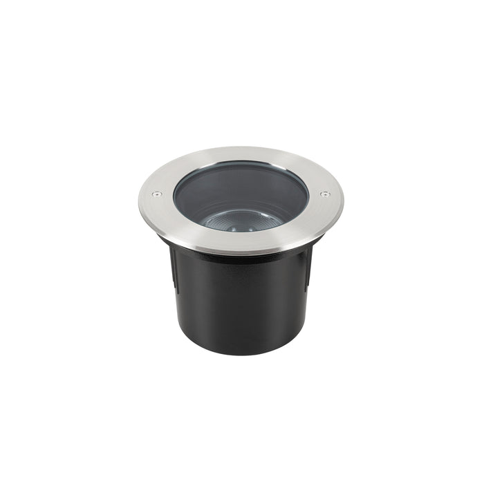 Stainless steel and black recessed ground light fixture.