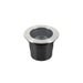 Stainless steel and black recessed ground light fixture.