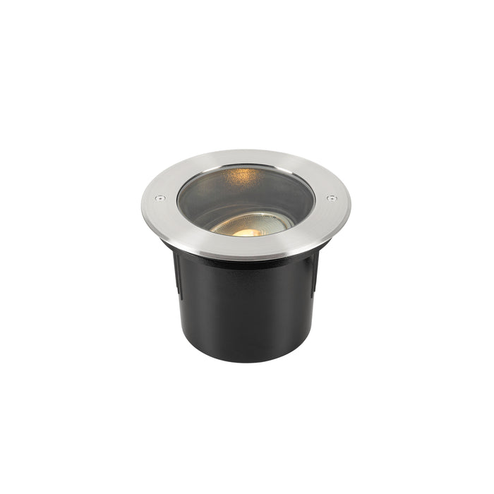 Stainless steel and black recessed ground light fixture.