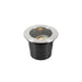 Stainless steel and black recessed ground light fixture.