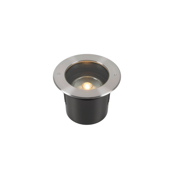 Stainless steel and black in-ground well light fixture.