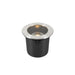 Stainless steel in-ground light fixture with a black housing.